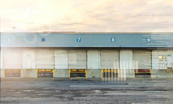 Empty logistics, industrial and cargo shipping site for product distribution, dispatch and storage. Supply chain warehouse, commercial building and loading bay garage door for export freight delivery