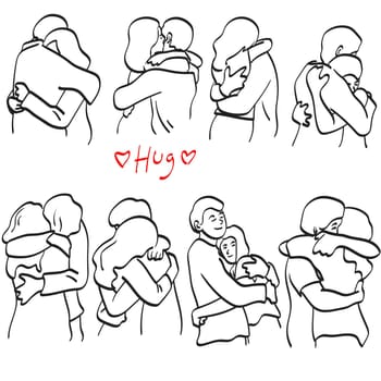 line art set of romantic couple hugging illustration vector hand drawn isolated on white background line art. 