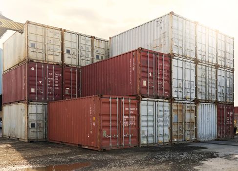 Container, shipping and logistics cargo storage on a port for international and global freight transport. Ecommerce stock, delivery service or trade of commercial distribution at outdoor supply chain
