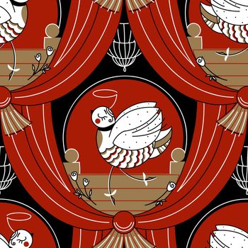 Seamless Pattern, Illustration. Cute white ballerina bird dancing in colors, on theater stage. Red, black and white pattern.