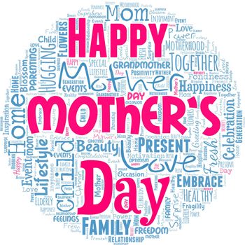 Big word cloud in the shape of a circle with happy mother's day. Day of year where mothers are particularly honoured by children