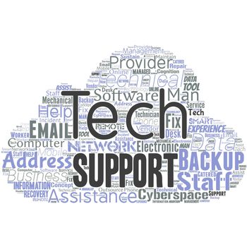 Big word cloud with tech support words. Help given by technician Online or Call Center Customer Service