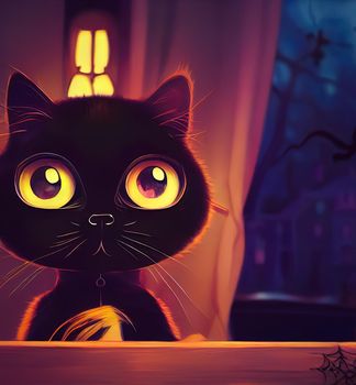 illustration of a cute halloween black cat, black cat animated illustration.