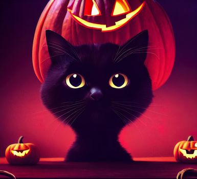 illustration of a cute halloween black cat whit evil pumpkin, black cat animated illustration.