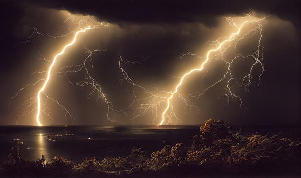 Spectacular thunderstorm lightning strikes dark night