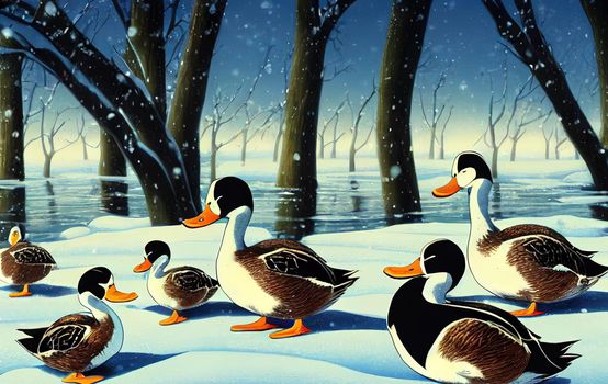 Ducks in the snow during wintering. Duck and drake High quality 2d illustration.