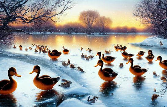Ducks on a frozen river in winter. Ducks in High quality 2d illustration.