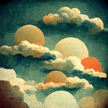 Cloudscape, blue sky with clouds and suns, retro art style.