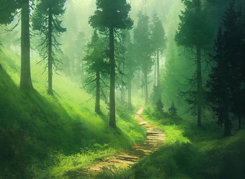 Pathway through the hills of dark evergreen forest. Pine,
