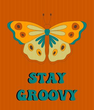 Retro groovy posters 60s 70s with groovy butterfly for cards, stickers or poster design. Typography slogan