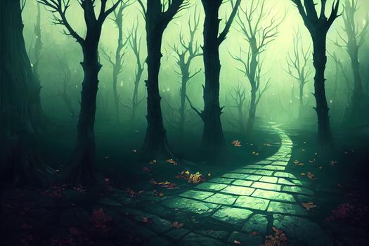 Haunted forest creepy landscape illustration. Fantasy Halloween forest background.