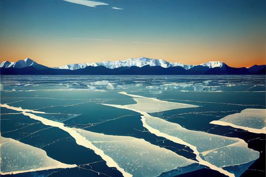 Winter landscape of frozen lake Baikal on a sunny High quality 2d illustration.