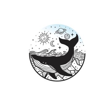 hand drawn whale and planets in solar system