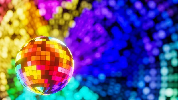 A bright disco ball with shimmering reflections. 3D rendering illustration.