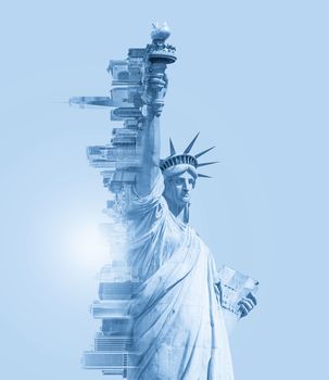 Double exposure image of the Statue of Liberty and new york skyline with cope space. Toned image