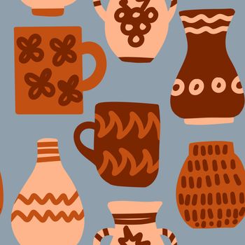 Hand drawn seamless pattern of pottery mugs vases in beige brown on grey background. Ceramic bowl tableware kitchenware kitchen design, cooking dishware in anicent greek style, ceramics utensils design.
