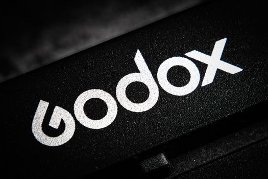 GODOX label editorial photo. Close-up logo trademark