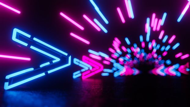 Red blue neon background with glowing gradient arrows, showing forward direction. 3D rendering illustration.