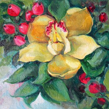 Yellow orchid and red berries, oil painting