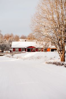 KYRKSTEN, VARMLAND-SWEDEN 12-15-2022 Winter in swedish village, red houses