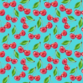 Illustration realism seamless pattern berry red cherry with green leaf on a light blue background