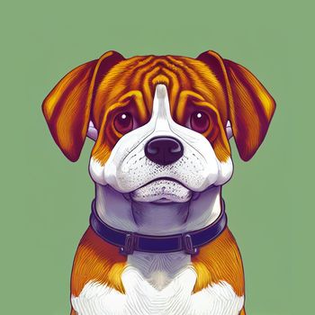 Portrait of a spotted bulldog on a green background.