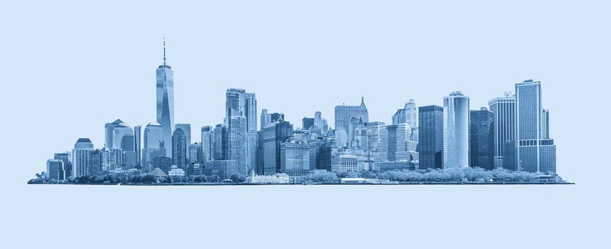 Skyline panorama of downtown Financial District and the Lower Manhattan in New York City, USA. black and white isolated on background