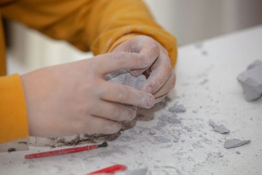 image of an educational game to find fossils for a small archaeologist, with children's hands digging