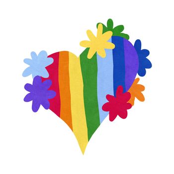 Hand drawn illustration of LGBTQ flag pride flag in heart shape with rainbow stripes flowers. Diversity decorative symbol poster, transgender bisexual homosexual tolerance festival celebration, romantic love design.