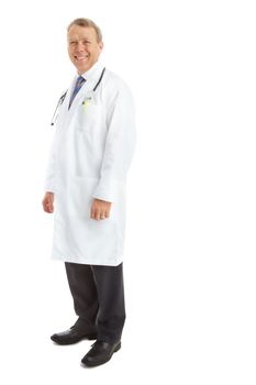 Chief of medicine. Full length portrait of a smiling doctor isolated on white.