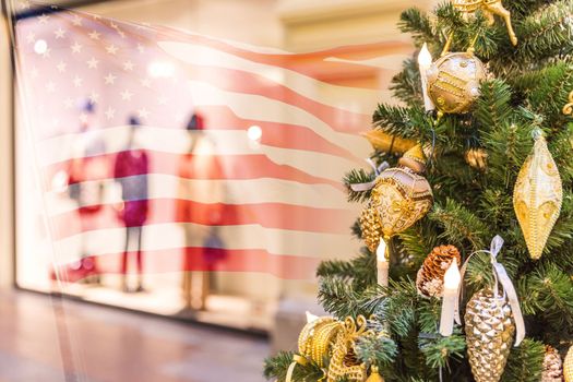 Christmas tree decoration in shopping mall with usa flag
