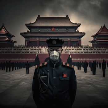 Guard man in mask on face with Chinese building on background