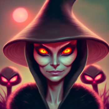 A sinister witch with red eyes