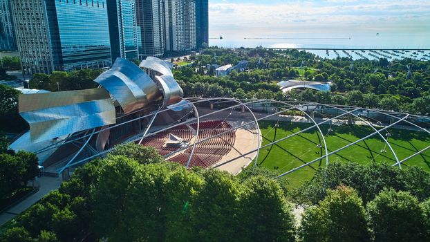 Pavilion in Millennium Park Chicago with view of docks and Lake Michigan