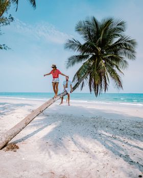 couple climbing in palm tree in Thailand, Wua Laen beach Chumphon area Thailand