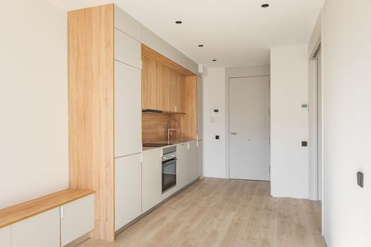 Simple small modular kitchen area along the wall in studio apartment next to front door. Furniture minimalism with lots of cabinets, an oven and an induction cooker for cooking delicious food.