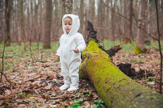 Adorable baby in a bear costume in the forest by a fallen tree