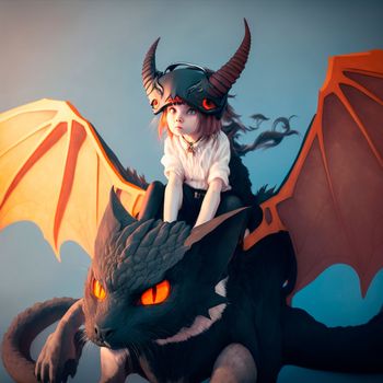 A girl with dragon wings and wearing a dragon cat helmet