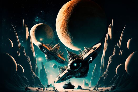 intergalactic spaceships on the background of planets and space
