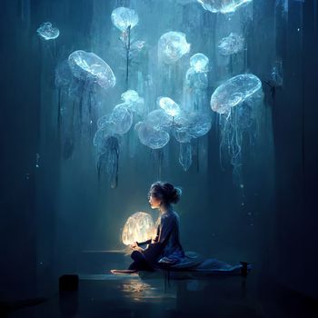 A girl meditates and a flock of luminous jellyfish flies on top of her