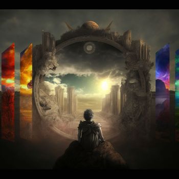 an ancient warrior between worlds stands in front of portals to other worlds