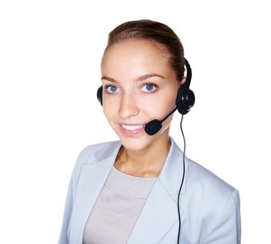 Beautiful female with a headset isolated on white. Cute young business woman speaking over the headset against white.