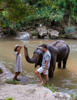 Couple feeding a Elephant sanctuary in Chiang Mai Thailand, Elephant farm in the mountains jungle