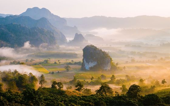 Sunrise with fog at Phu Langka in Northern Thailand, Mountain View of Phu Langka National Park