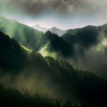 Green mountain range. Landscape of misty mountains