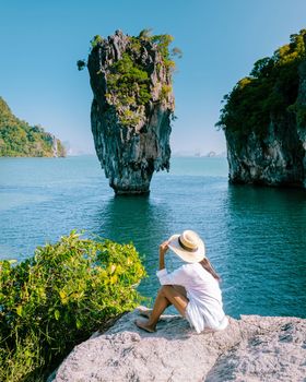 woman on vacation in Thailand, girl visit Phangnga Bay Thailand James Bond Island