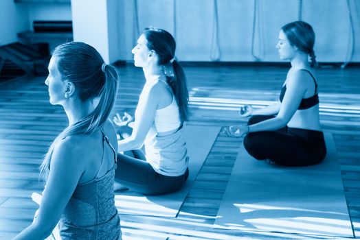 young women in yoga class sitting and relaxing making meditation lotus pose