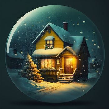 a small house with glowing windows in a glass ball, a New Year's exposition, a toy