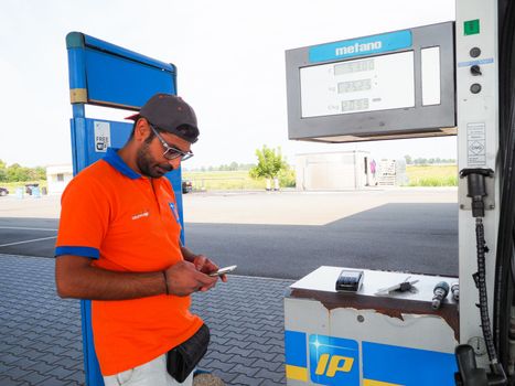 Caorso, Italy - September 2022 fuel pump dislpay showing price and liters of fuel