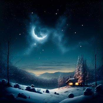 Illustration of a house in a night forest among tall trees in the moonlight
